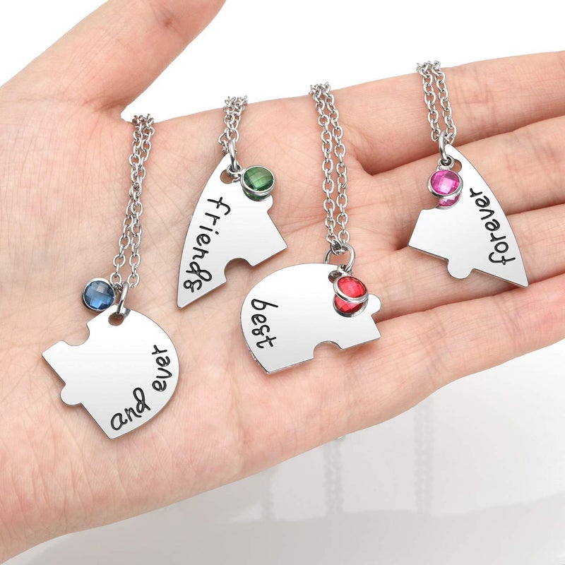 Top Plaza Silver Tone Alloy Rhinestone Best Friends Forever and Ever BFF Necklace Engraved Puzzle Friendship Pendant Necklaces Set(Set of 4) - Image 4
